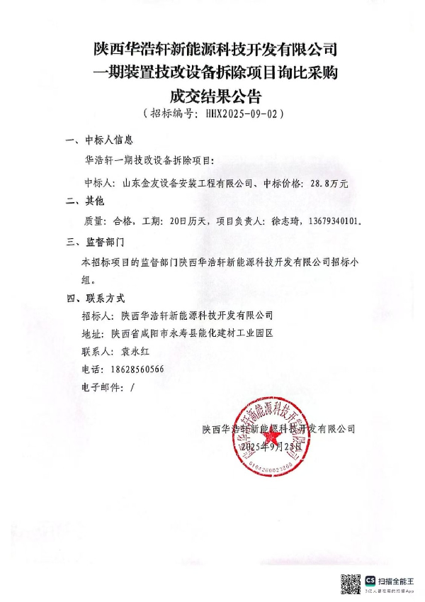 【中陕核】华浩轩公司一期装置技改设备拆除询比价采购成交结...
